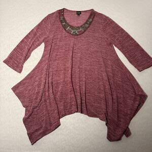 Lavanya Woman Maroon Tunic Top Beaded Neck 3/4 Sleeve Asymmetrical Hem L